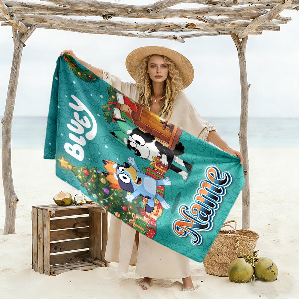 Christmas Bluey Family Personalized Text Beach Towel High Absorbency & Quick-Dry Suitable for Swimming Gym Camping Yoga Vacation