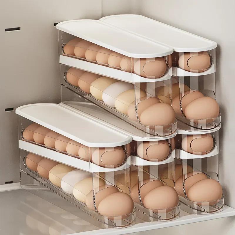 Bilayer Fridge Egg Storage Box Automatic Rolling Eggs Holder Rack Ladder Style Refrigerator Eggs Dispenser Egg Organizer Holder
