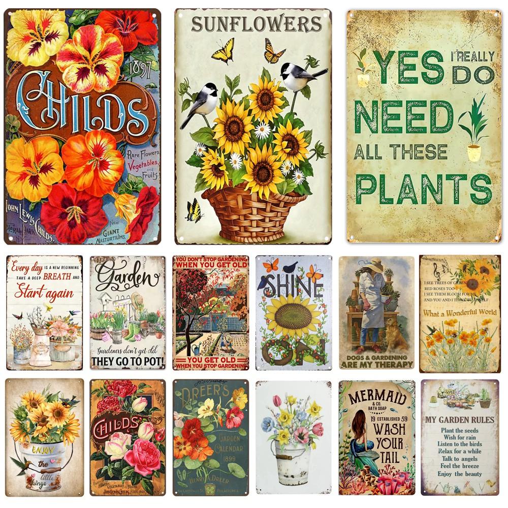 Welcome To Our Garden Metal Tin Signs, Dirty Hoe Wall Art, Sunflower Retro Poster for Home, Yard, Plants Decor, Garden Rule S