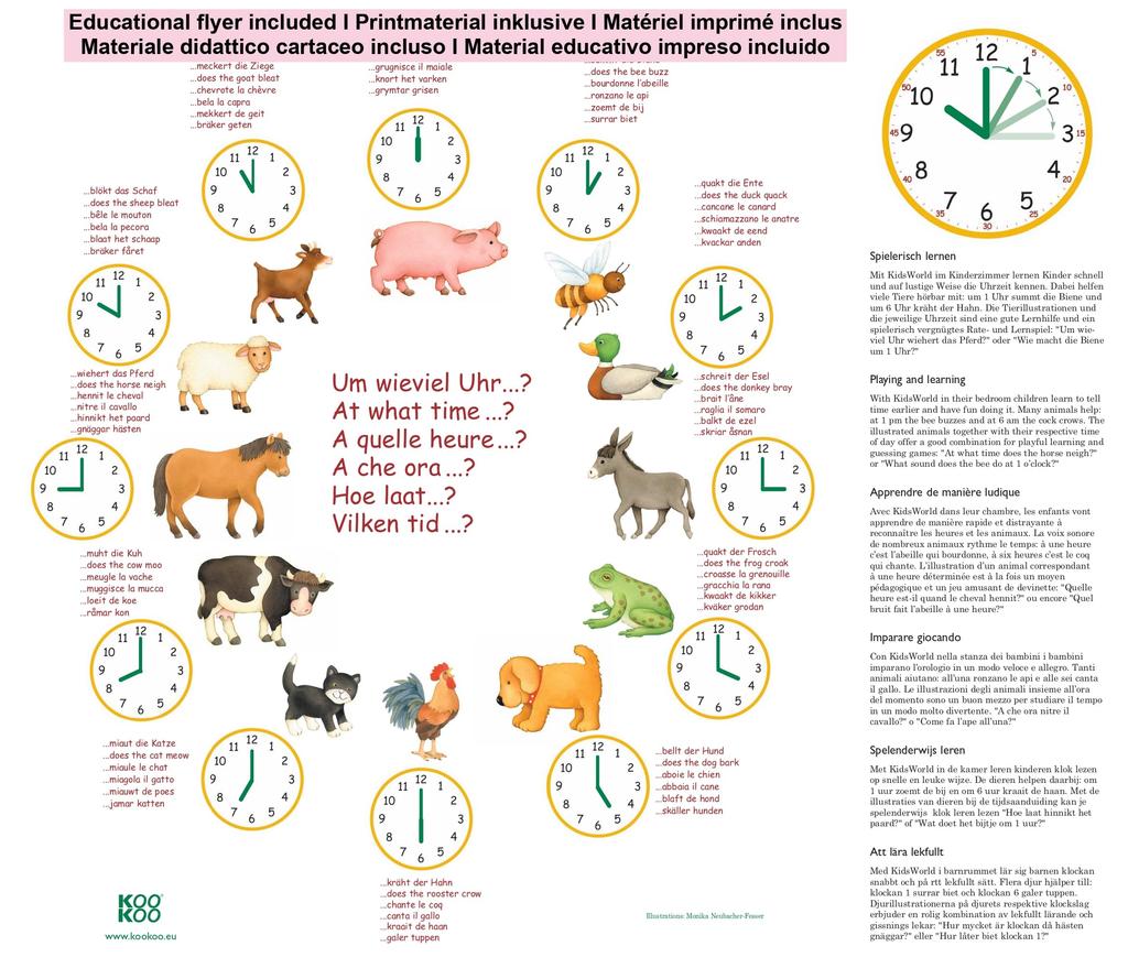 KOOKOO Мир Детей Желтые Звуки Животных Настенные Часы с 12 Фермерскими Животными, Показывающими Время, Милые Настенные Часы, Идеально для Детских Комнат, Успокаивающие Звуки