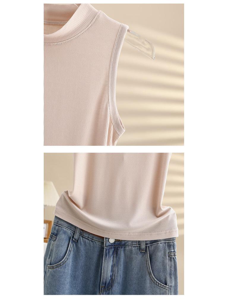 Женский облегающий хлопковый жилет без рукавов с полувысоким воротником - Летний топ однотонной расцветки