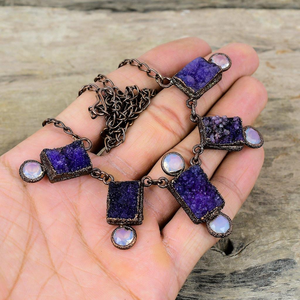 Purple Druzy Gemstone Necklace Electroformed Copper Necklace Adjustable Chain Necklace Handmade Electroformed Jewelry Milky Opal Necklace