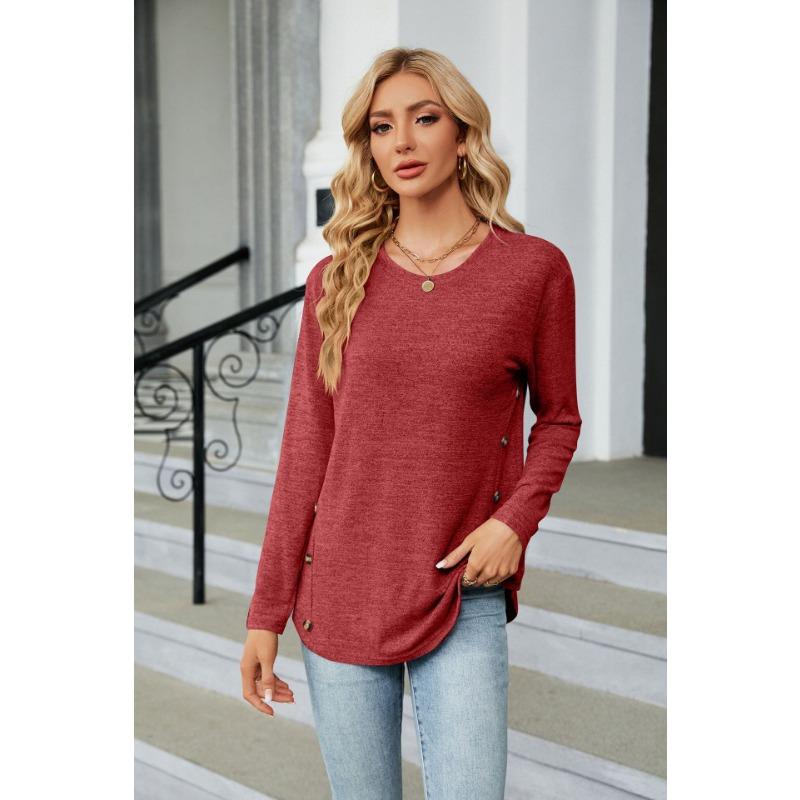 YYFS Women's Fashion Casual Spring Fall Solid Color Print Long Sleeve O-Neck Blouses & Shirts