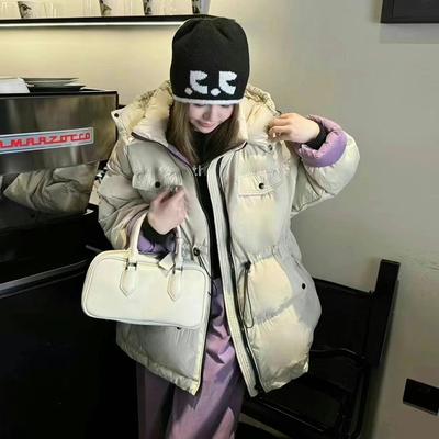 Европейская контрастная цветная куртка из пуха белой утки женская короткая 2025 зимняя мода талия тонкая рабочая утолщенная теплая куртка