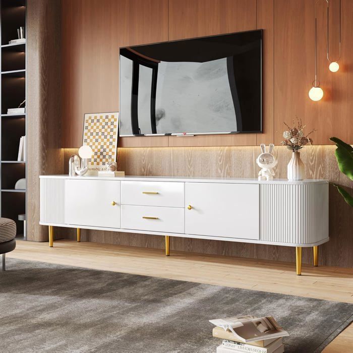 Lemonbest Meuble TV 170 cm Moderne avec tiroirs et côtés ondulés Bords incurvés, Meuble tv bas avec poignées et Pieds dorés - Blanc