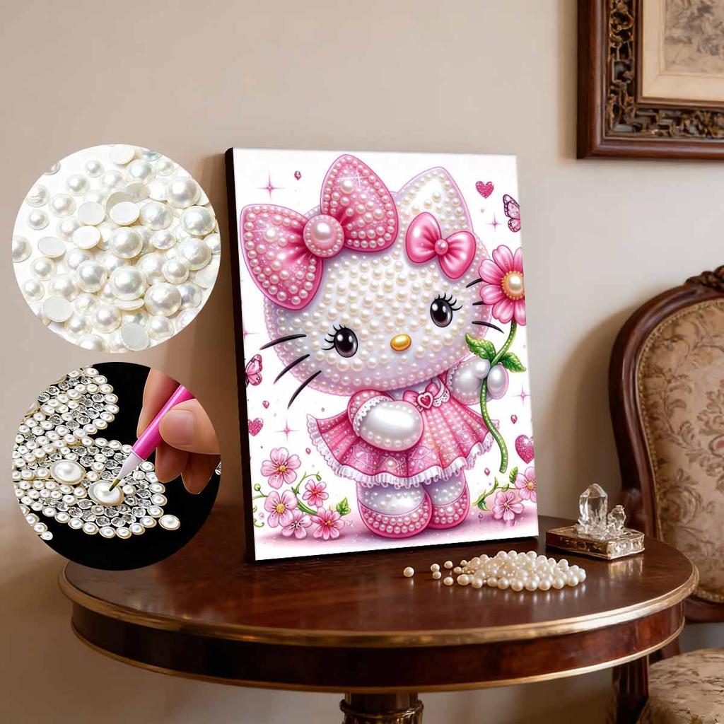 Безрамочная картина из серии Hello Kitty с жемчужным эффектом | Сладкие акценты в виде бантика и цветочного сердца | Декор в стиле Sweet Art для современного дома и галереи