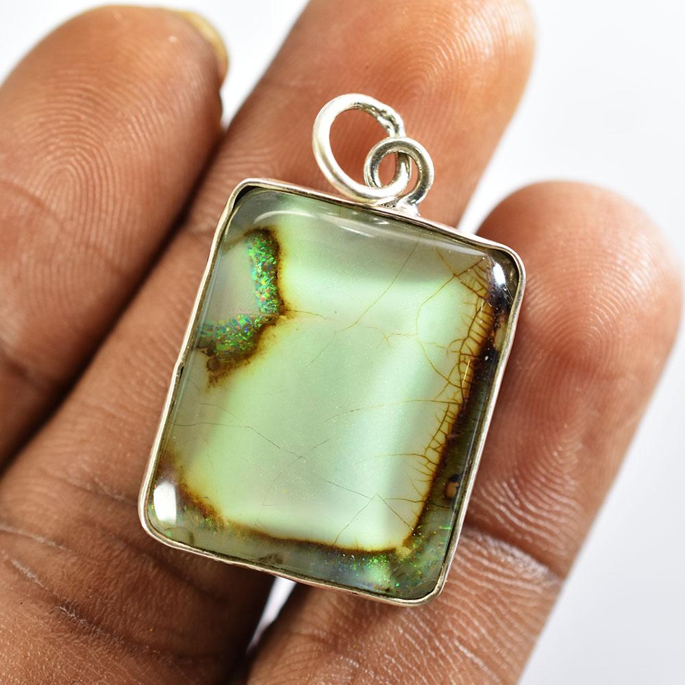 Quality Natural Opal Emerald Pendant 39 ct 925 Sterling Silver Gemstone Jewelry Gift