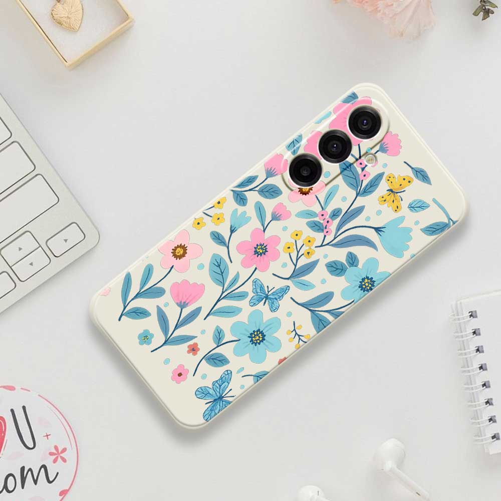 For Samsung Galaxy A17 5G Case Blue Pink Flowers Pattern Printing Straight Edge TPU Phone Back Cover