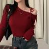 Qiya yoqali bogʻlanadigan assimetrik ayollar uzun yengli trikotaj toplari kuz qish koreys modasi qizil retro sviterlar