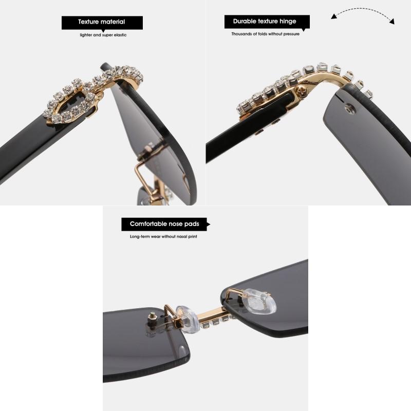 New Lady Small Rimless Square Diamonds Sunglasses Women Brand Fashion Rhinestone Gradient Rectangle Sun Glasses Female Uv400