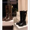 Height Increase Cm~ Round Head Thick Sole Thick Heel Buckle Side Zipper Medium and High Knight Boots Women's Boots