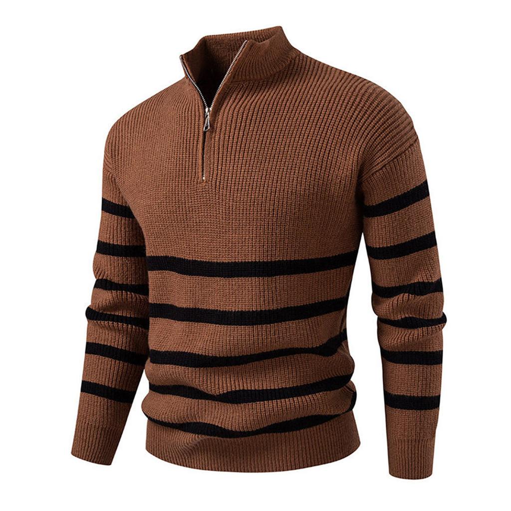 Men's Round Neck Striped Colorblock Sweater Sweater Half Zip Stand Collar Inner Slim Pullover Sweater