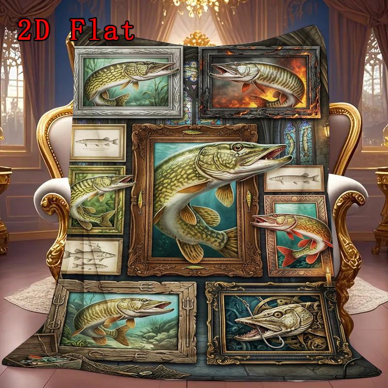Pike Fish Collection 2D Flat Pattern Flannel Blanket, High quality All Seasons, Home Decor, Warmth and Comfort, Perfect for Christmas Gifts.