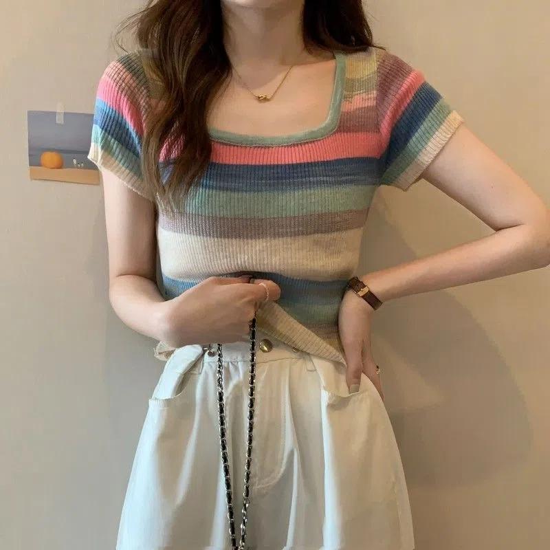 WTEMPO Y2K Knitted Tops Women Rainbow Stripes Tunic Tees Shirts Female Korean Summer Loose Casual T-Shirts