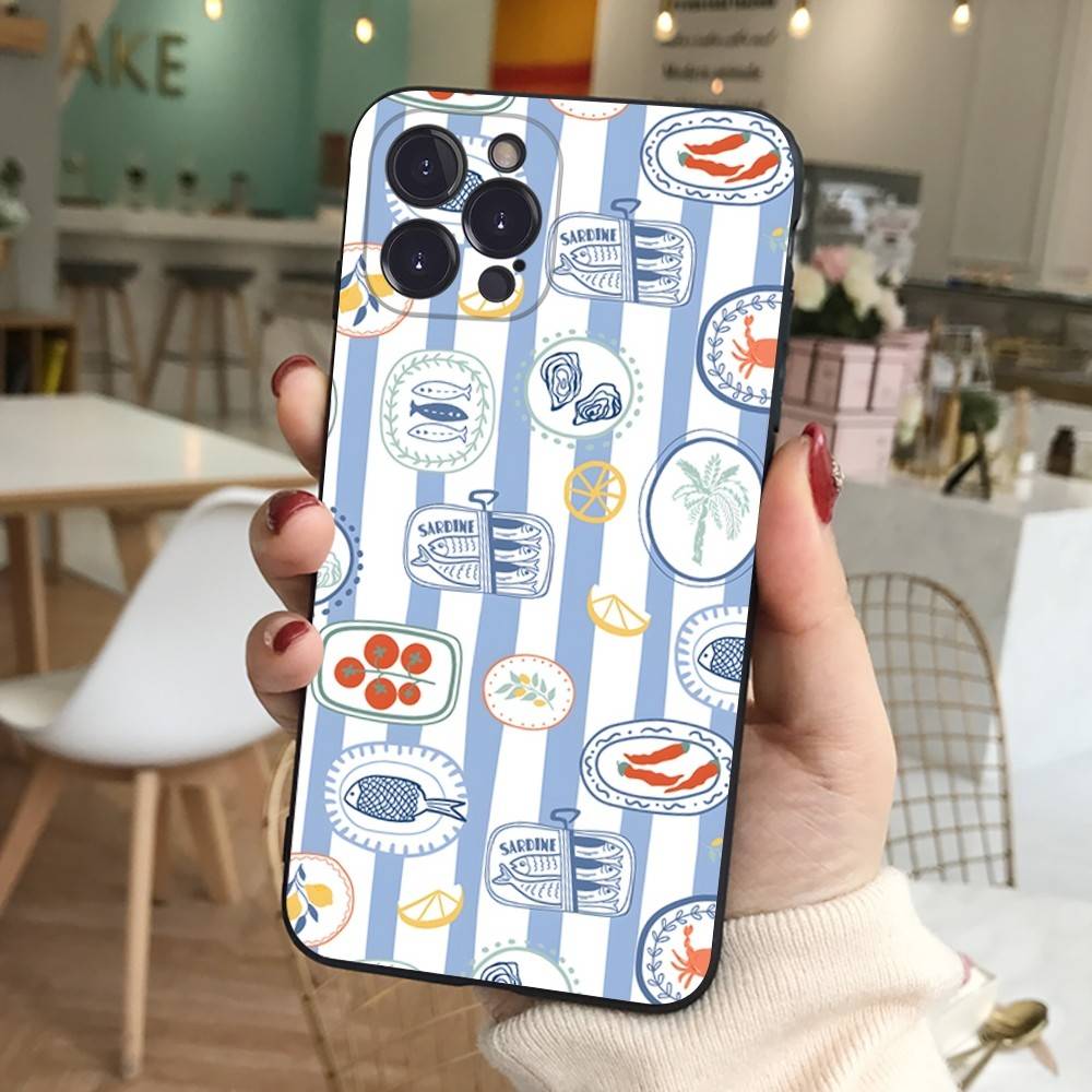 Силиконовый чехол для телефона с сардинами для iPhone 11 12 13 14 15 16 17 Pro Max Черный чехол
