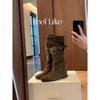 Cowhide Version Inner Height Increase Cm Knight Boots Women's Cross Buckle Pleated Long Boots Slim Medium Boots