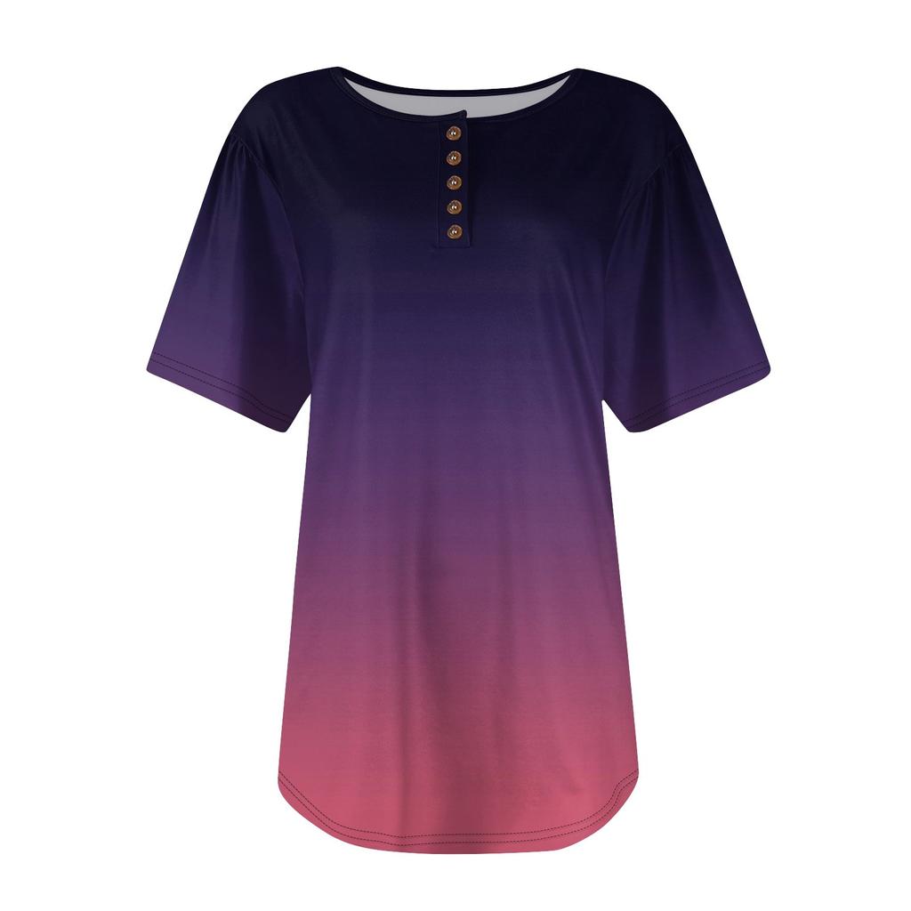 Женский модный повседневный короткий рукав пуловер с принтом на пуговицах и круглым вырезом