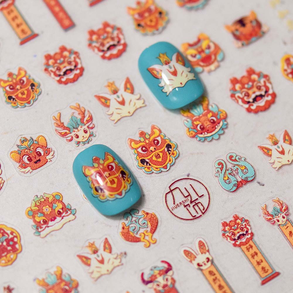Zodiac Animals Dragon Nail Decals Lion Dance Chinese Nail Decorations  Lady