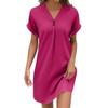 Women's Fashion V-neck Solid Color Pullover Casual Button Dress