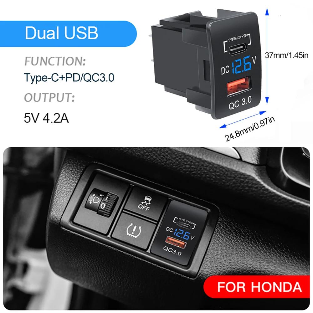 Автомобильное зарядное устройство QC3.0 USB PD Type-C, порт быстрой зарядки, автомобильный адаптер со светодиодным вольтметром 37X24 мм/45X26 мм для автомобилей Honda