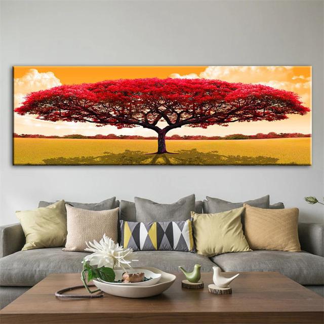 Абстрактное красное, зеленое большое дерево, деревянный стул, пейзаж, холст, живопись, постеры и принты, настенные художественные фотографии, домашний декор, без рамки