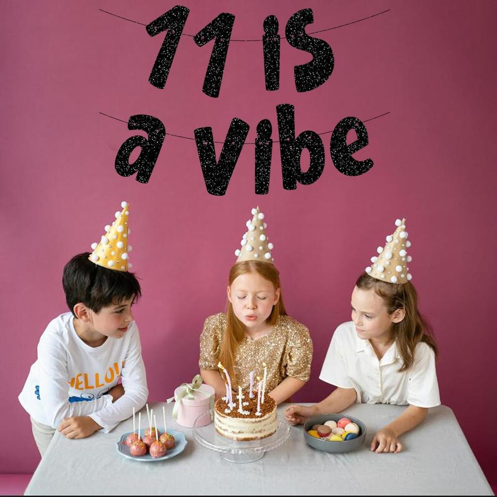 11 is a Vibe Banner, Pre-Strung Glitter Black 11th Birthday Banner, Funny 11th Birthday Decorations for Boys Girls Teens 11 Years Old, Happy 11th