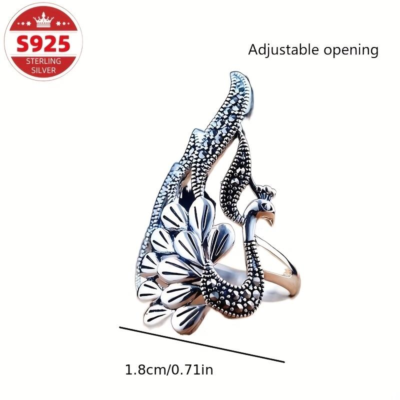 S The adjustable vintage sterling silver ring with peacock hollow screen and feather open design is an essential accessory for Valentine's Day,