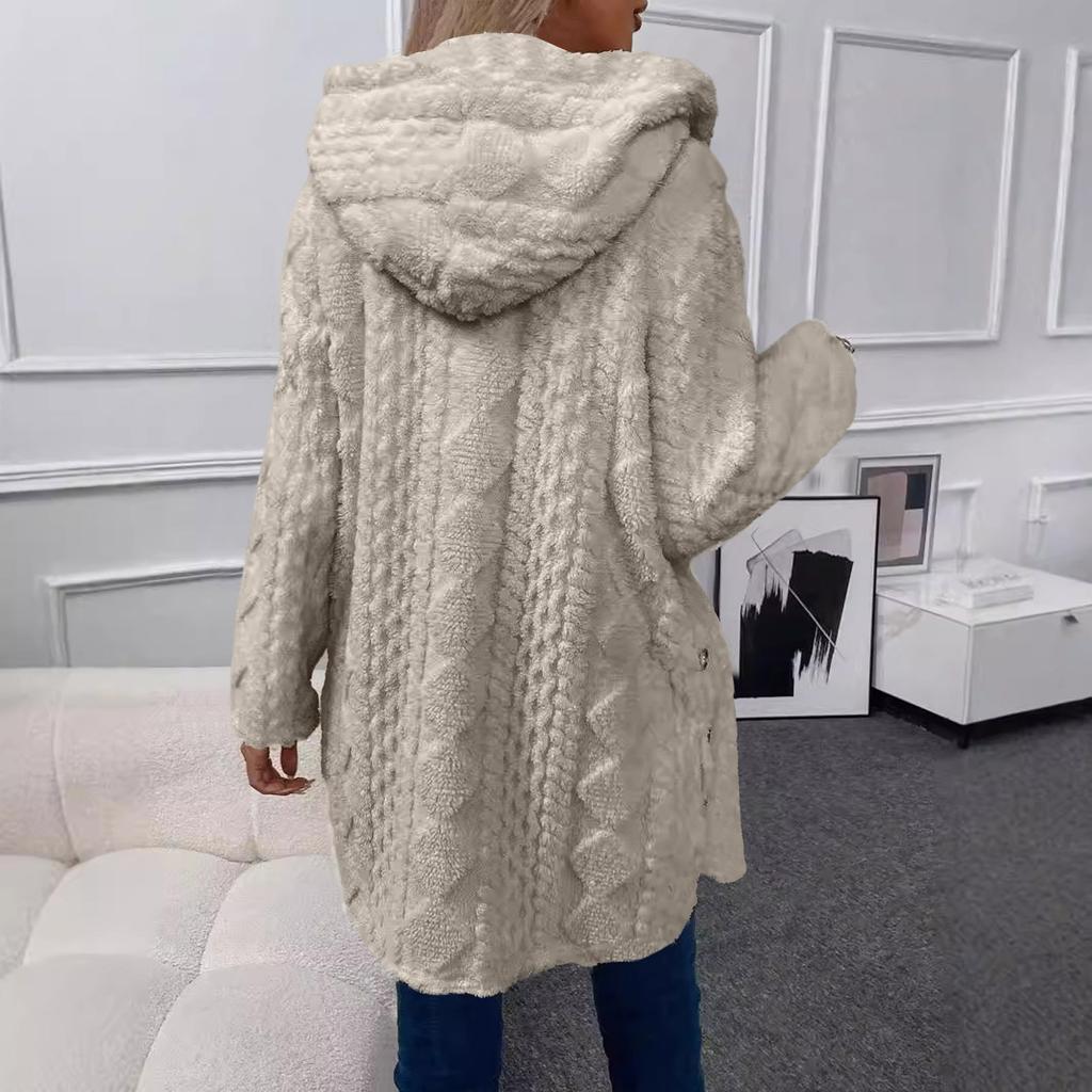 Women's Solid Color Fashion Casual Warm Fashion Diamond Plush Hooded Cardigan Coat