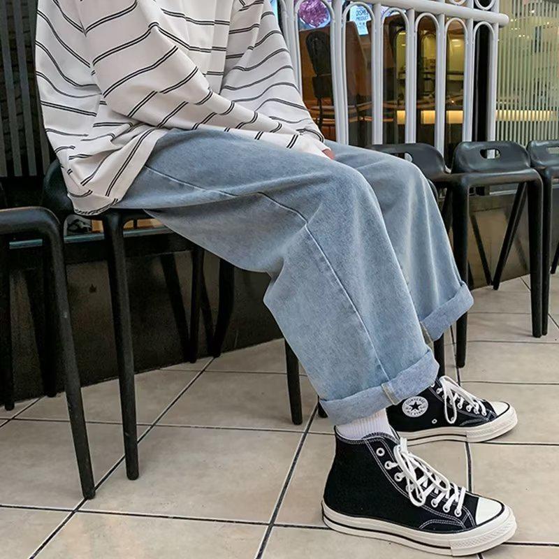 Men's Black Retro Wide-Leg Jeans - New Autumn Trend, High Street Style, Straight Loose Fit, Large Size Available.