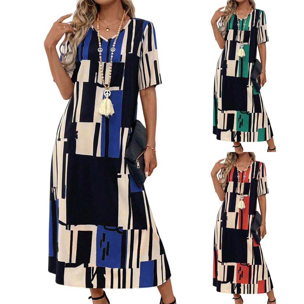 Women's Dresses Casual Printed V-Neck Short Sleeve Loose Long Dresses