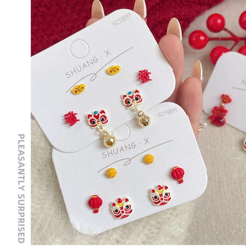 Festive Bell Pendant Earrings Chinese Style New Year Earrings Jewelry Red Little Lion Earrings