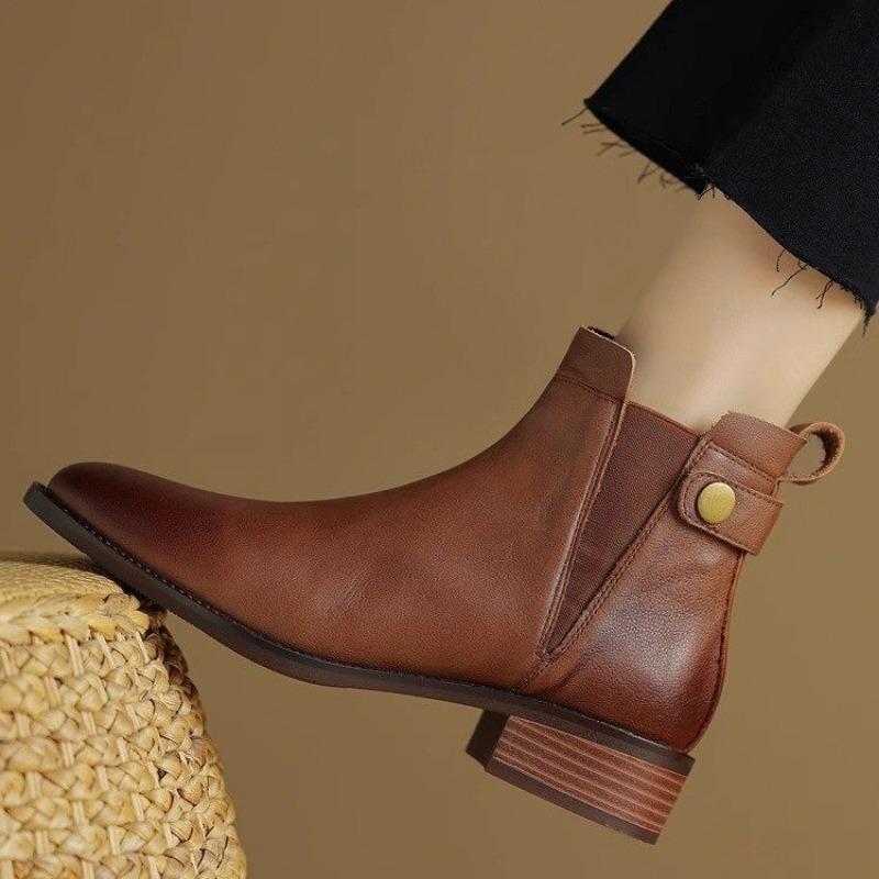 Мода 2024 года, короткие ботинки из натуральной кожи, женские новые зимние ботинки с круглым носком, однотонные, в стиле ретро, женские ботинки