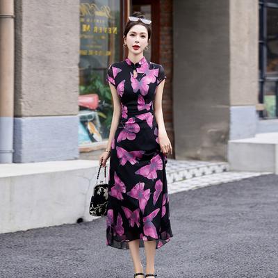 Платье летнее новое нишевый дизайн темперамент талия и тонкий улучшенный цветочный ципао длинная юбка