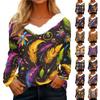 Women's Loose Casual Long Sleeved Printed Plush Collar V Neck Top, Long Sleeved Top