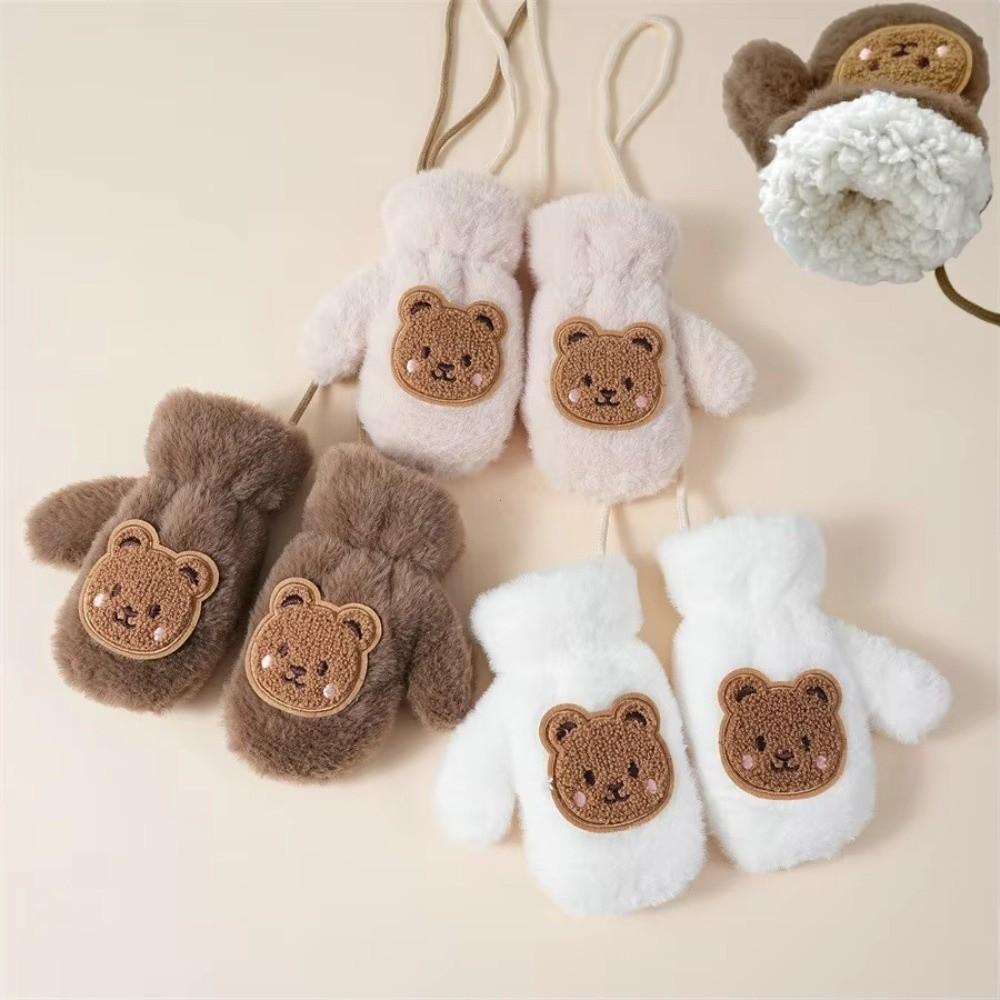 Faux Fur Cartoon Bear Gloves Waterproof Toddler Fingerless Gloves Outdoor Sports Mittens For Boys