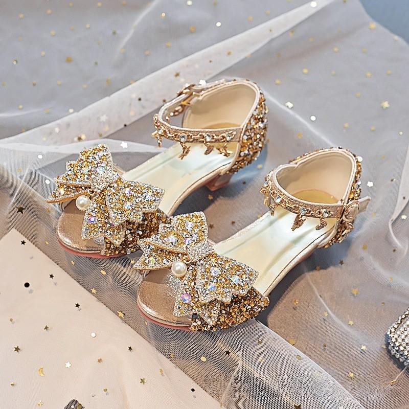 Little Girl Princess Sandals 2026 Soft Sole Dress Shoes Crystal Performance Kids Leather Gold Pink Sizes