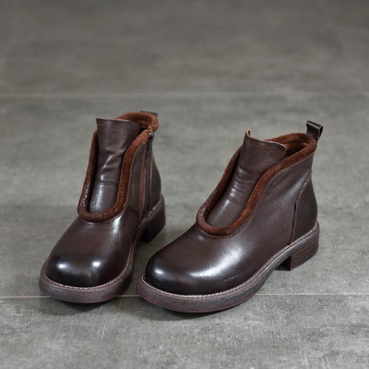 Johnature Винтажные короткие ботинки из натуральной кожи с круглым носком и боковой молнией, универсальная женская обувь