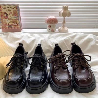 2025Женская обувь Британский стиль Маленькие кожаные туфли Круглый носок Толстая подошва Туфли Мэри Джейн Женская повседневная одинарная обувь Лоферы на шнуровке