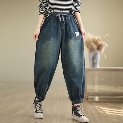 Женские джинсы с эластичной талией, завязками на шнурок, большими карманами, широкие штанины, однотонные, простые, базовые, шаровары, женские осенние джинсовые брюки