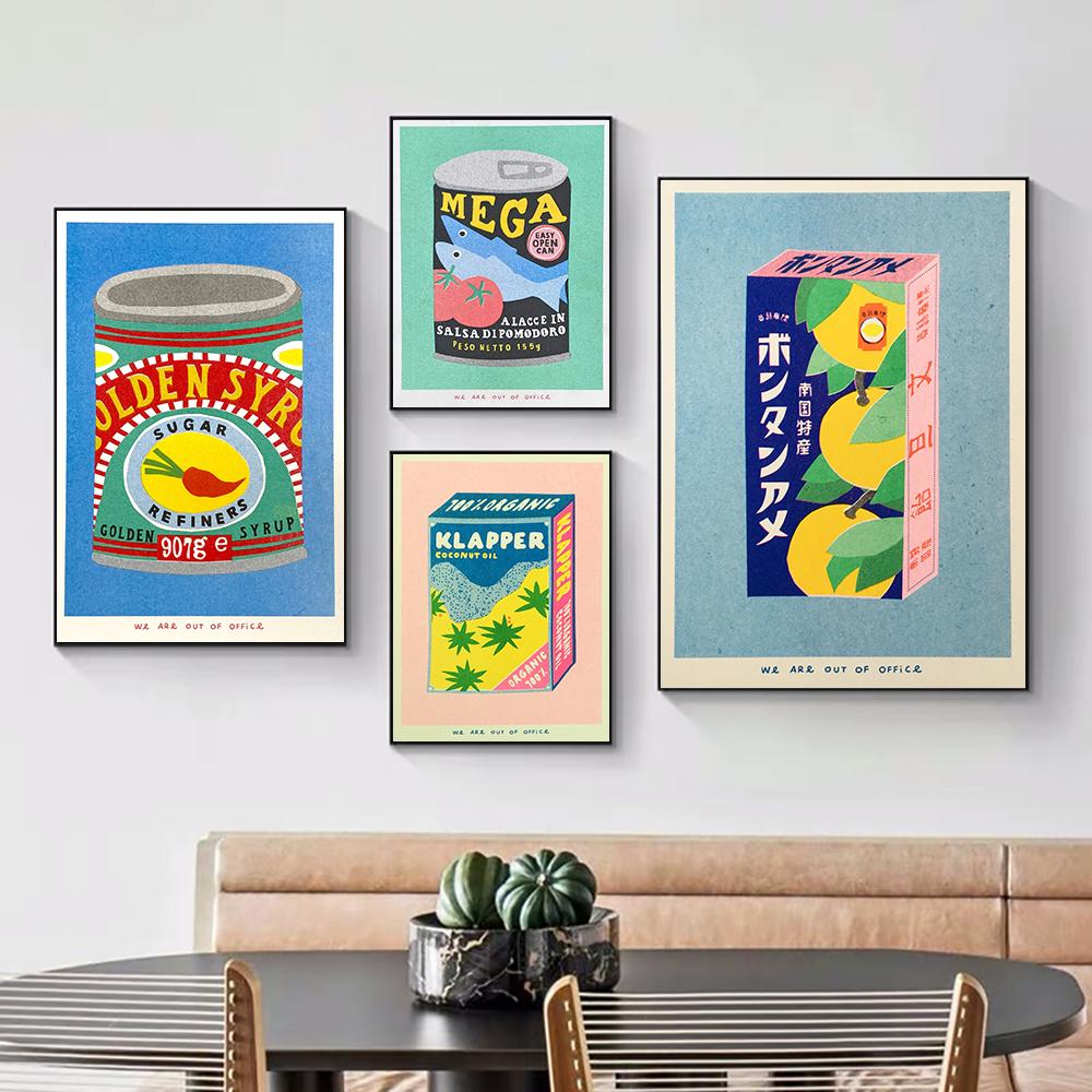 A Box Colourful Risograph Poster Print Canned Fish Retro Art Canvas Painting Wall Kitchen Chili Sauce Mural Cook Room Home Decor
