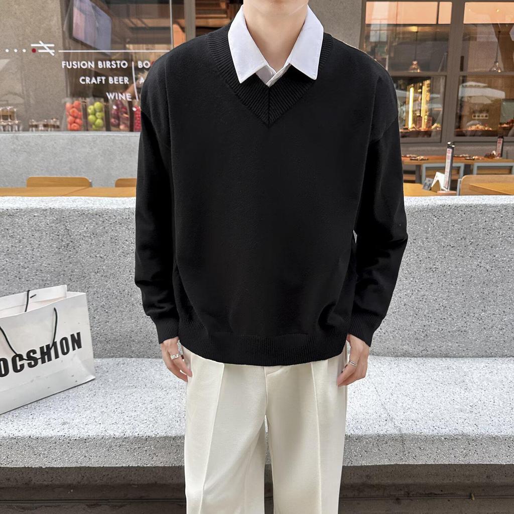 Unisex Retro V-Neck Sweater - Two-Piece Look, Autumn/Winter Style