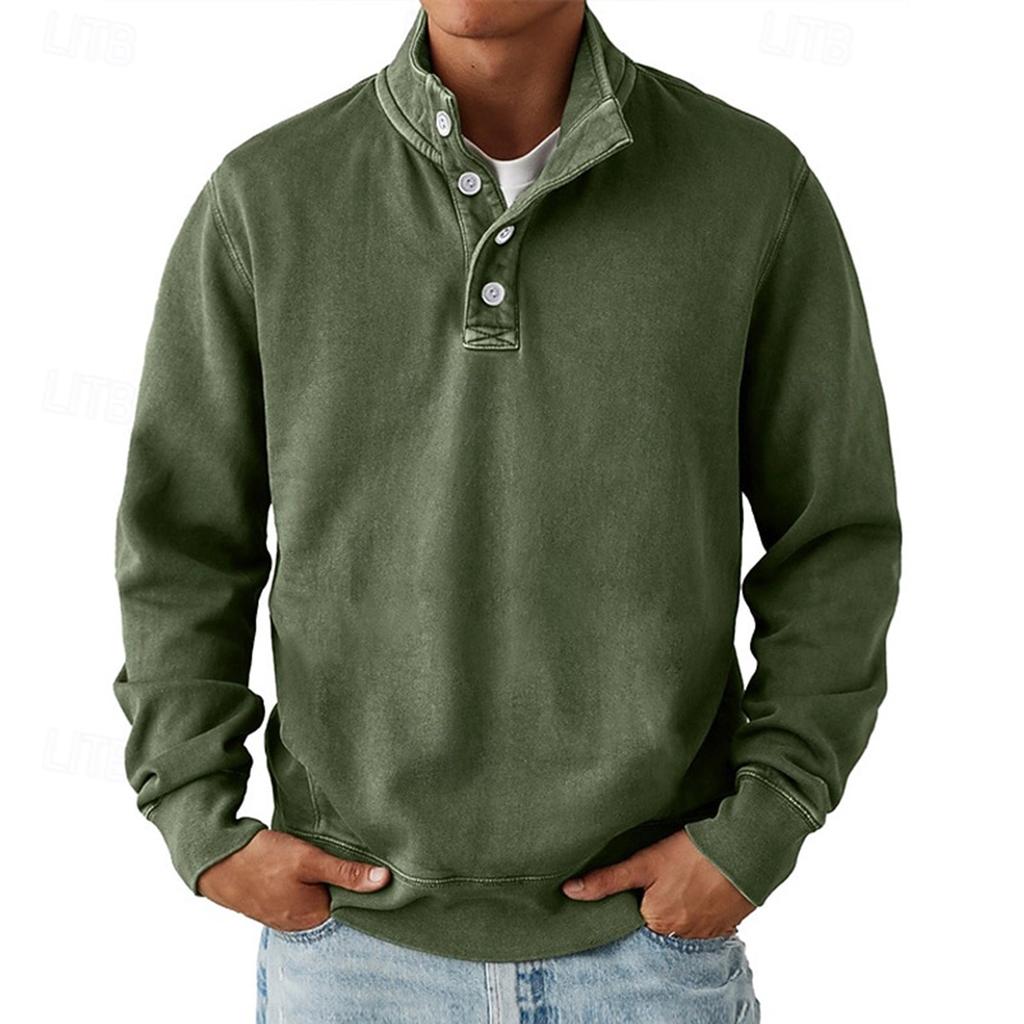 Мужской повседневный топ с воротником-стойкой и длинными рукавами, однотонный свитшот на пуговицах