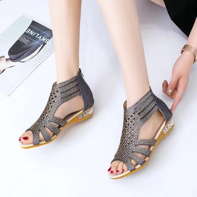 Модные женские босоножки на молнии, римские босоножки на танкетке, открытые босоножки на плоской подошве с открытым носком, летние женские туфли Femmes Été 2024