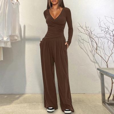 Женские комплекты для отдыха из двух предметов: топ с V-образным вырезом и длинным рукавом и брюки с широкими штанинами. Весенне-осенние повседневные наряды