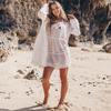 Summer New Beach Bikini Cover-up Sexy V-neck Lace Stitching Micro-sheer Chiffon Skirt Lantern Long-sleeved Loose Women's Swimwear Cover-up Q1056