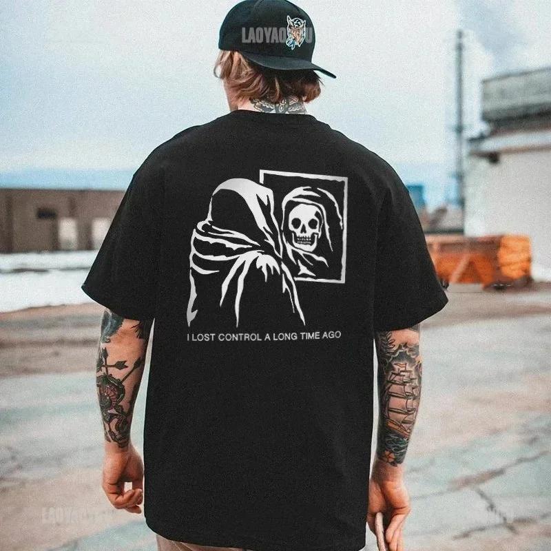Готические футболки Harajuku Biker Skull Graphic T Shirts Men Fashion Trend Short Sleeve Tops Dark Punk Skulls Retro T Shirt Male Oversize Tee