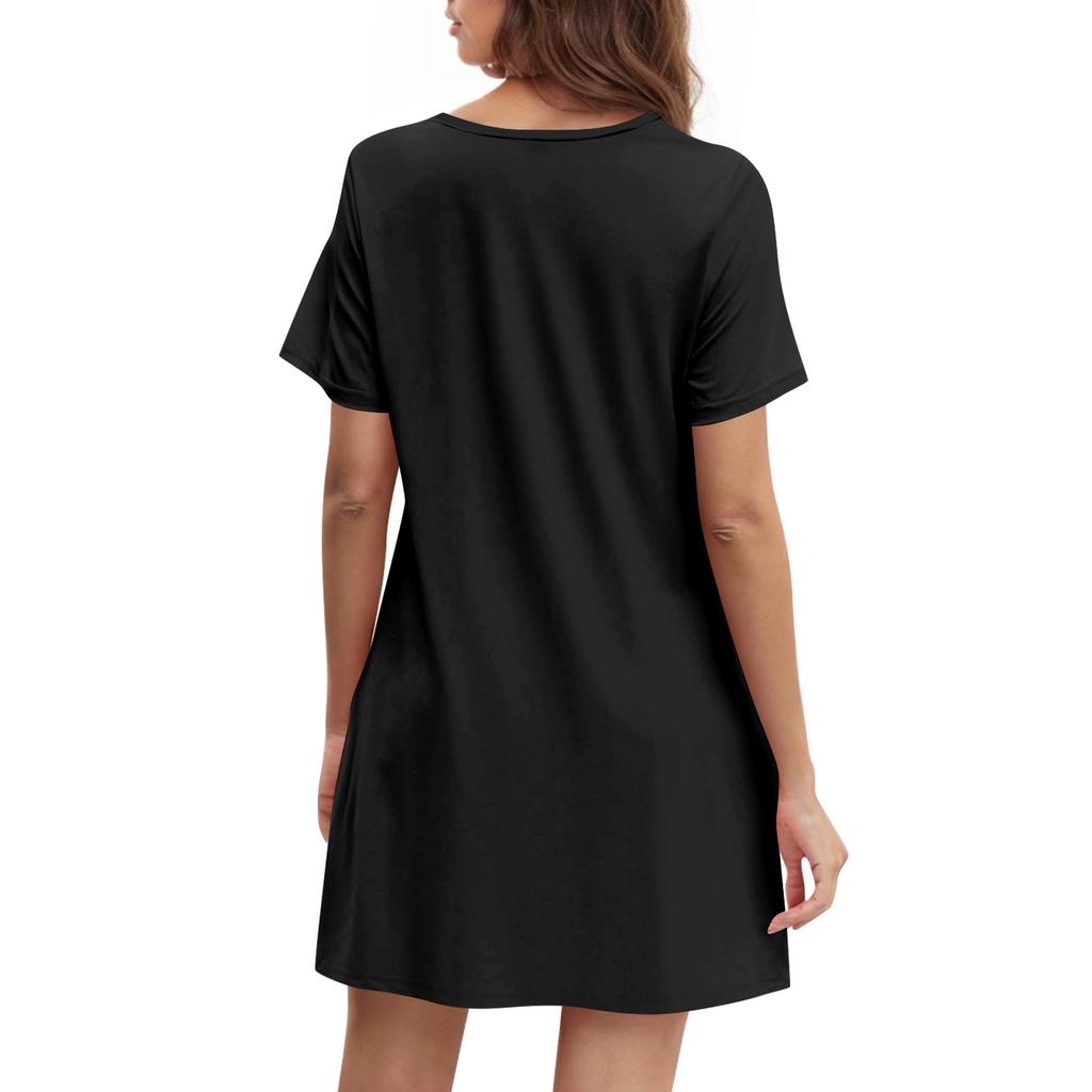 Women's Summer Casual Round Neck Pleated With Pockets Solid Color Short Sleeve Dresses