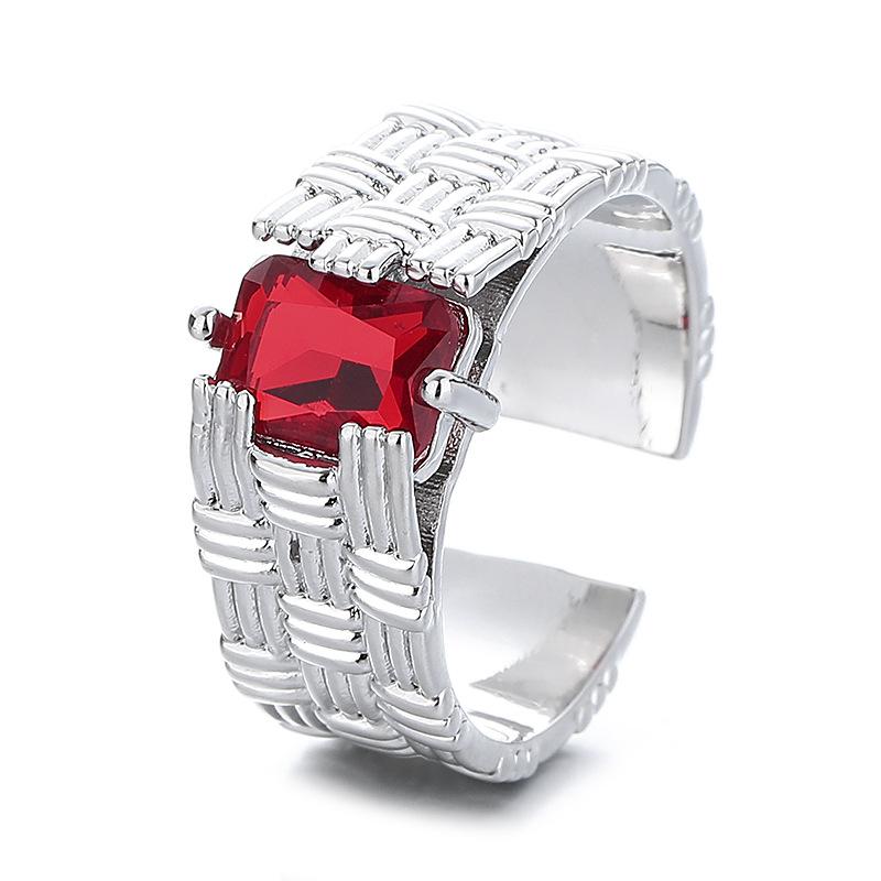 Personalized Style Wide-Faced Woven Ring Women'S Light Luxury Niche Inlaid Rectangular Red Zircon Fashion Adjustable Index Finger Ring