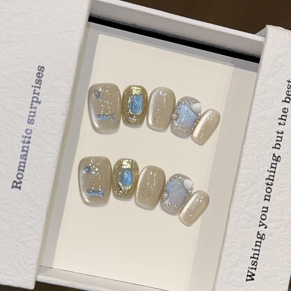 Ocean wind small fish bubble cat eye shell summer short hand-worn nail handmade manicure fake nail