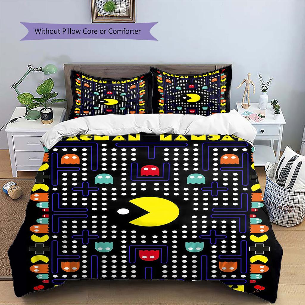 GAME Pac‑Man Pattern Bedding Home Decoration Birthday Gift ( 1 duvet cover + 2 pillowcase, without core),fan merchandise.